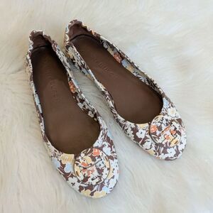 TORY BURCH MINNIE Brown FLORAL TRAVEL FLATS LEATHER BROWN REVERIE COMBO LOGO 10